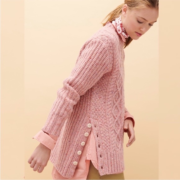 Alex Mill Button Side Aran Cable Knit Merino Wool Sweater in Dried Rose - Picture 2 of 14